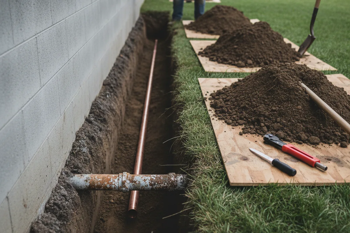 Excavated water line trench during Sewer Line Repair in Temple